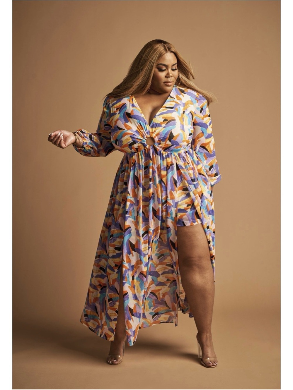 Plus-Size Multicolor Printed Maxi Dress with Front Ring Detail